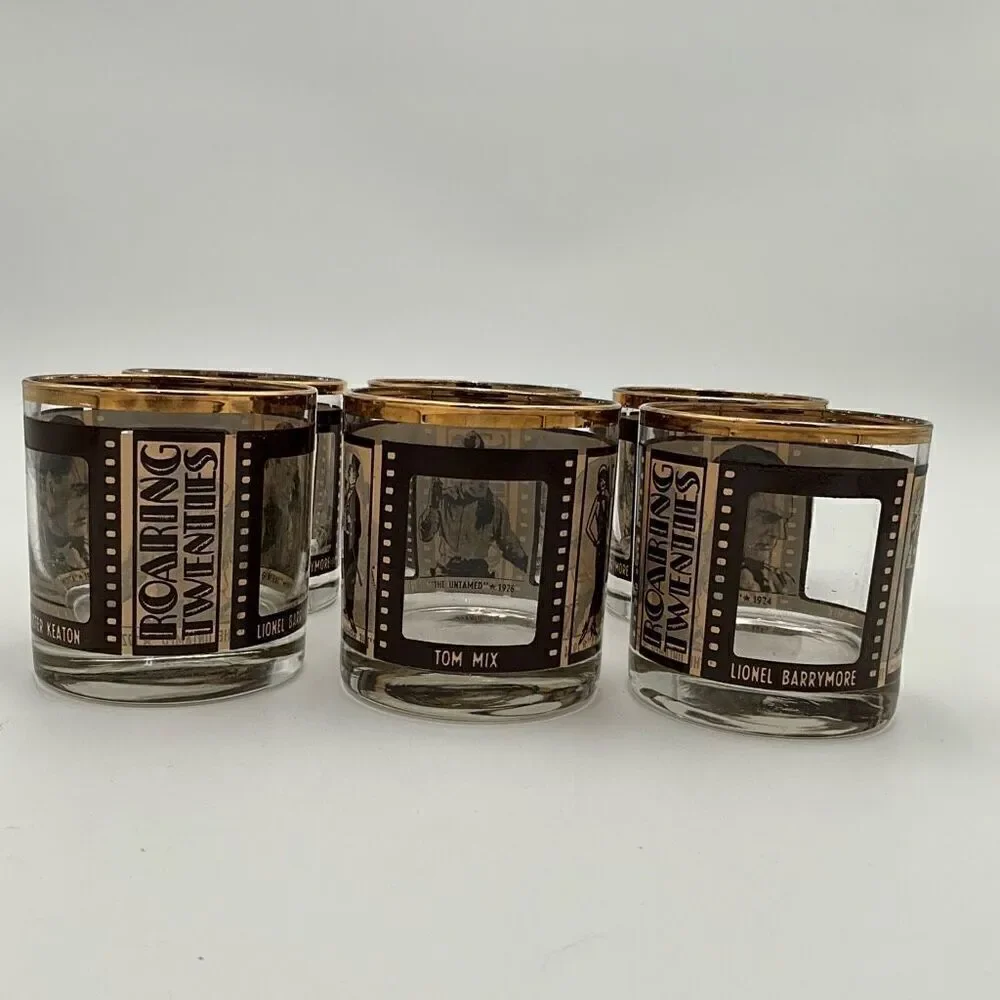 Set Of 6 ROARING TWENTIES Silent Film Actors Whiskey Glasses
